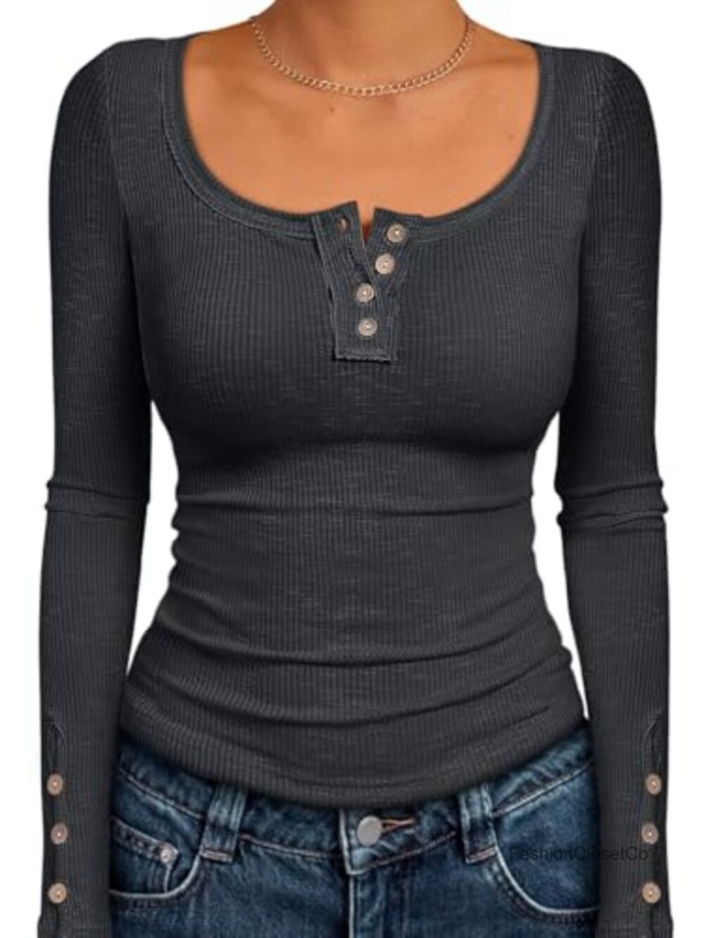 Women's Long Sleeve Henley Tops Ribbed Knit